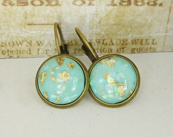 Earrings bronze and turquoise / cabochon earrings in turquoise with gold-coloured inclusions