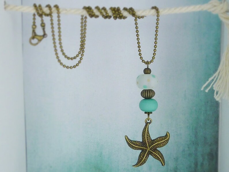 Starfish necklace maritime chain in bronze with mint glass beads
