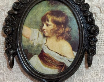 Vintage Italian ornate oval wall plaque of a young girl