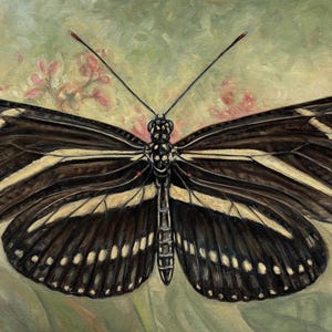 Puede incluir: Pintura detallada de una mariposa con las alas abiertas, mostrando un llamativo patrón de rayas marrón oscuro y crema. La mariposa se centra contra un fondo suave, verde y rosa, sugiriendo un hábitat natural.