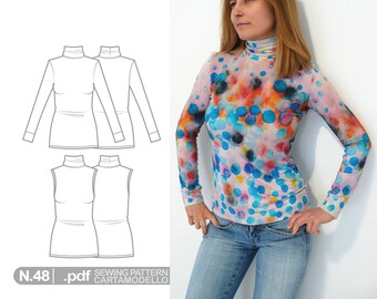Knit Turtleneck Top, PDF Sewing Pattern N.48, with long sleeve or sleeveless, for women, Sizes XS-XXL