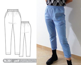 Pants with elasticated waistband, PDF Sewing Pattern N.39, high-rise, Tapered, Cropped, with pockets, for women