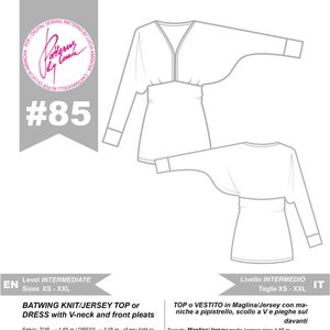 Stretchy V-neck Top and Dress PDF Sewing Pattern for Women N.85, Sizes