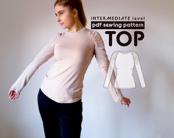 Ruched Sleeve Top PDF Sewing Pattern  - Sizes XS-XXL- includes sewing instructions and seam allowances
