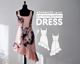 Asymmetric Hem Dress PDF Sewing Pattern - Sizes 36-54 - includes sewing instructions and seam allowances