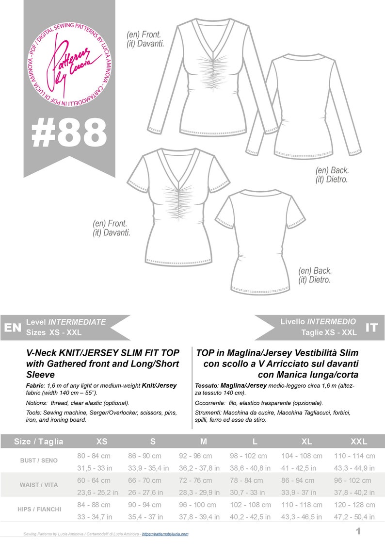 Patron de couture PDF pour t-shirt froncé sur le devant pour femme n 88 avec tutoriel, tailles XS-XXL image 2