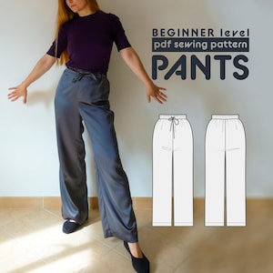 Pode incluir: Uma mulher vestindo calças largas e uma camisa roxa. A imagem também mostra um desenho de linha das calças com o texto "BEGINNER level pdf sewing pattern PANTS".
