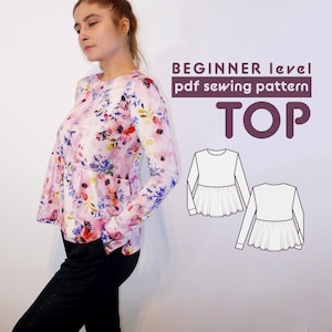 Top PDF Sewing Pattern N.10 | Peplum Silhouette, with Long Sleeves and in Stretchy Jersey Fabric | Sizes XS-XXL