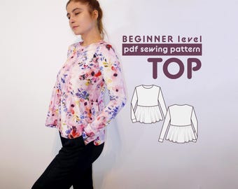 Peplum Top PDF Sewing Pattern  - Sizes XS - XXL - includes sewing instructions and seam allowances