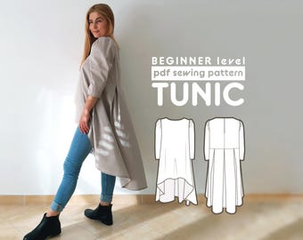 Tunic PDF Sewing Pattern - High Low Hem, Puffed Sleeves - includes sewing instructions