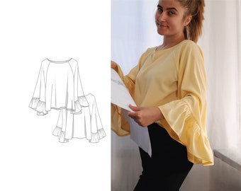 Women's Ruffled Sleeves Top PDF Sewing Pattern N.82