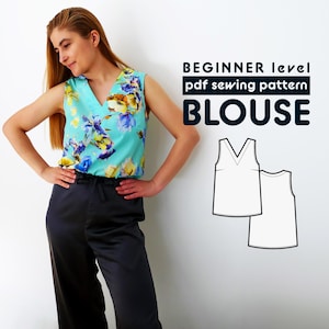 Blouse PDF Sewing Pattern N.64 | V-Neckline and sleeveless, in woven fabric | includes sewing instructions and seam allowances