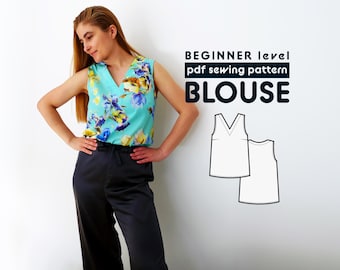 Sleeveless V-Neck Blouse PDF Sewing Pattern - Sizes 36-54 - includes sewing instructions and seam allowances