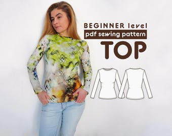 Long Sleeve Top PDF Sewing Pattern | out of knit fabric | Sizes XL-XXL | includes sewing instructions and seam allowances