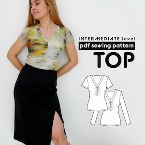 Ruched Front T-Shirt PDF Sewing Pattern N.88 with tutorial, Sizes XS-XXL
