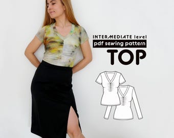 Ruched Front T-Shirt PDF Sewing Pattern N.88 with tutorial, Sizes XS-XXL