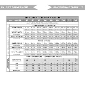 May include: Size chart for clothing in both centimeters and inches. The chart includes sizes for bust, waist, and hips, as well as international size conversions for XS to XXL.