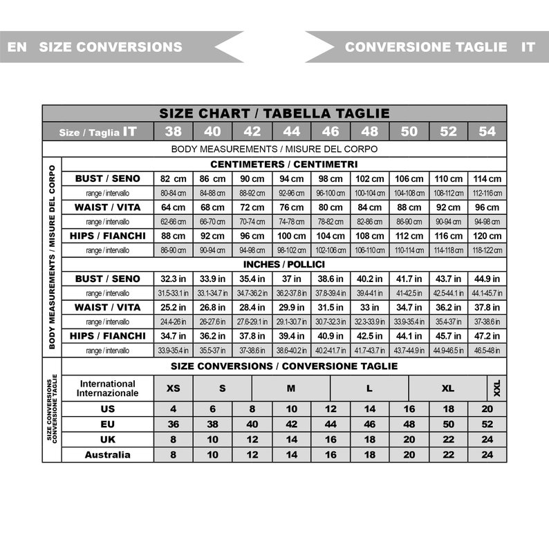 May include: Size chart for clothing in both centimeters and inches. The chart includes sizes for bust, waist, and hips, as well as international size conversions for XS to XXL.