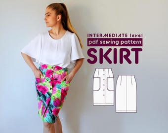 Skirt PDF Sewing Pattern N.75 | Slim-fit shape with side pockets | with sewing instructions and seam allowances included