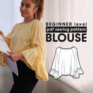 Blouse PDF Sewing Pattern N.82 with Ruffled Long Sleeves and Round Neckline | includes sewing instructions and seam allowances
