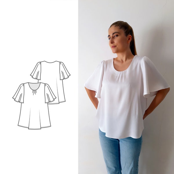 Dames blouse met klokmouwen PDF naaipatroon N.97 met tutorial