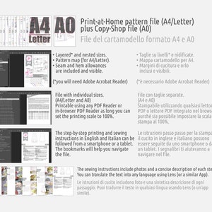 May include: A digital sewing pattern for a garment, available in both A4/Letter and A0 sizes. The pattern includes layered pieces, a pattern map, seam and hem allowances, and step-by-step instructions in English and Italian. The instructions can be followed using a smartphone or tablet. The file is printable using any PDF reader and requires Adobe Acrobat Reader to view.