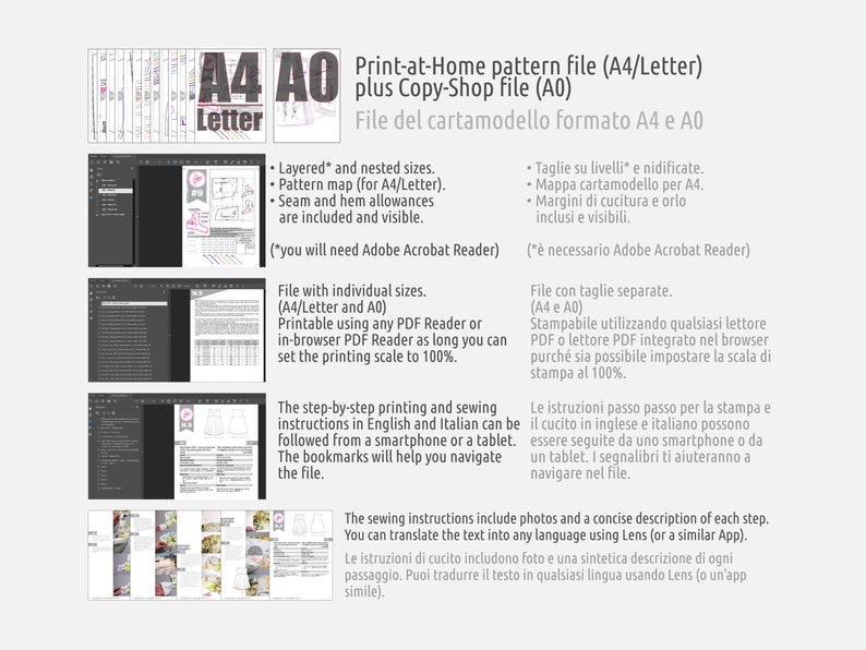 May include: A digital sewing pattern for a garment, available in both A4/Letter and A0 sizes. The pattern includes layered pieces, a pattern map, seam and hem allowances, and step-by-step instructions in English and Italian. The instructions can be followed using a smartphone or tablet. The file is printable using any PDF reader and requires Adobe Acrobat Reader to view.