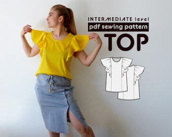 Flouncy Shoulder Blouse PDF Sewing Pattern  - Sizes 36-54 - includes sewing instructions and seam allowances