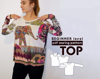 Relaxed Fit Top PDF Sewing Pattern | with long or short sleeve | in stretchy knit fabric | Sizes XS-XXL | includes seam allowances
