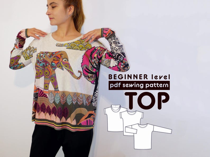 Relaxed Fit Top PDF Sewing Pattern | with long or short sleeve | in stretchy knit fabric | Sizes XS-XXL | includes seam allowances image 1