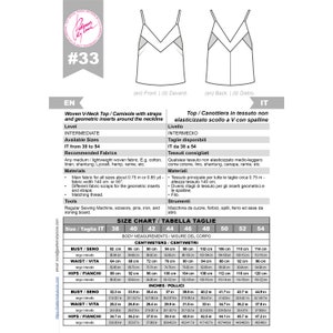 May include: A sewing pattern for a woven V-neck top or camisole with straps and geometric inserts around the neckline. The pattern includes size chart in inches and centimeters, with measurements for bust, waist, and hips. The pattern is for sizes IT 38 to 54.