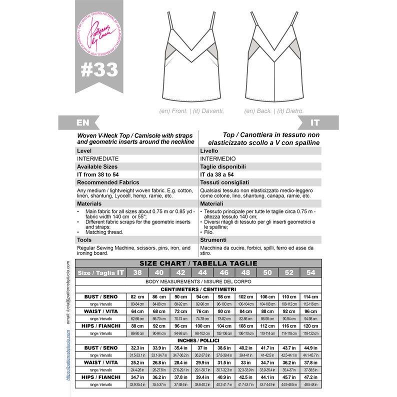 May include: A sewing pattern for a woven V-neck top or camisole with straps and geometric inserts around the neckline. The pattern includes size chart in inches and centimeters, with measurements for bust, waist, and hips. The pattern is for sizes IT 38 to 54.