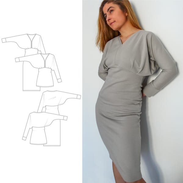 Dehnbares Top und Kleid mit V-Ausschnitt PDF Schnittmuster N.85 für Frauen, Größen XS-XXL