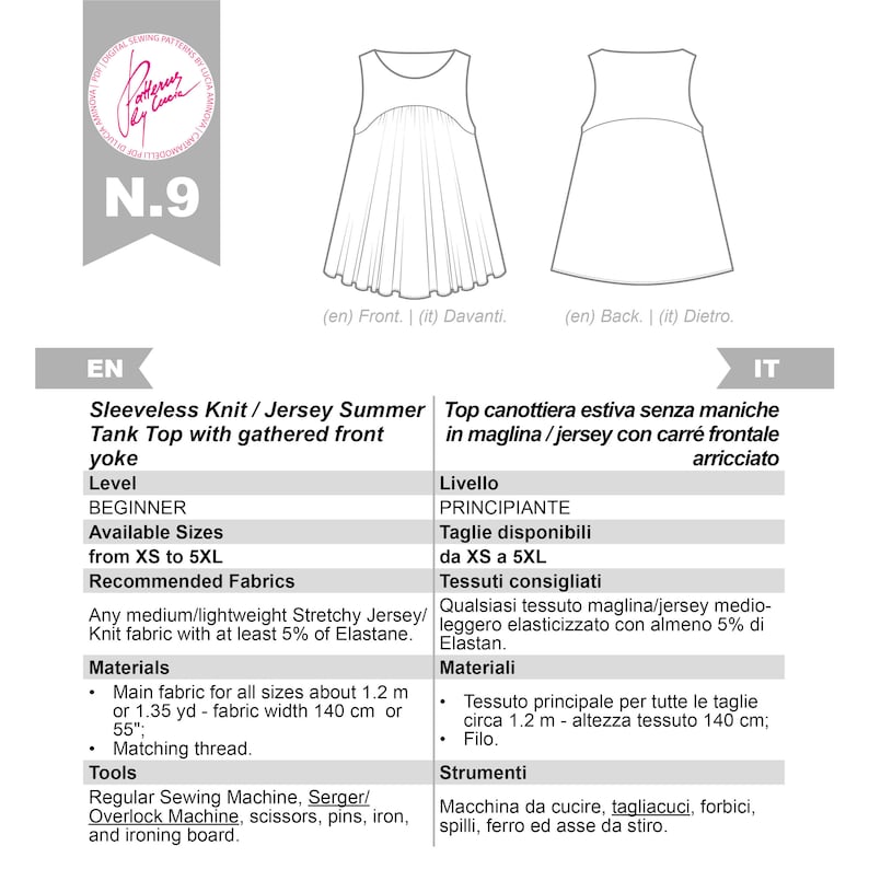 Jersey Tank Top PDF Sewing Pattern N.9, Sizes XS-5XL image 2