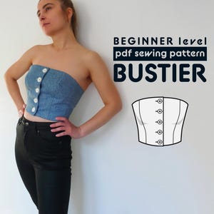 Patron de couture PDF bustier N.86 | doublée d&#39;une fermeture boutonnée sur le devant | Instructions de couture et marges de couture incluses