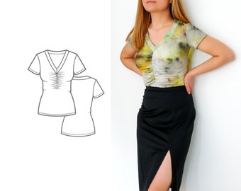 Ruched Front T-Shirt PDF Sewing Pattern for Women N.88 with tutorial, Sizes XS-XXL