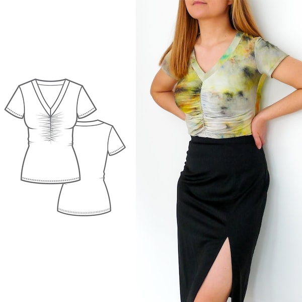 Ruched Front T-Shirt PDF Sewing Pattern for Women N.88 with tutorial, Sizes XS-XXL