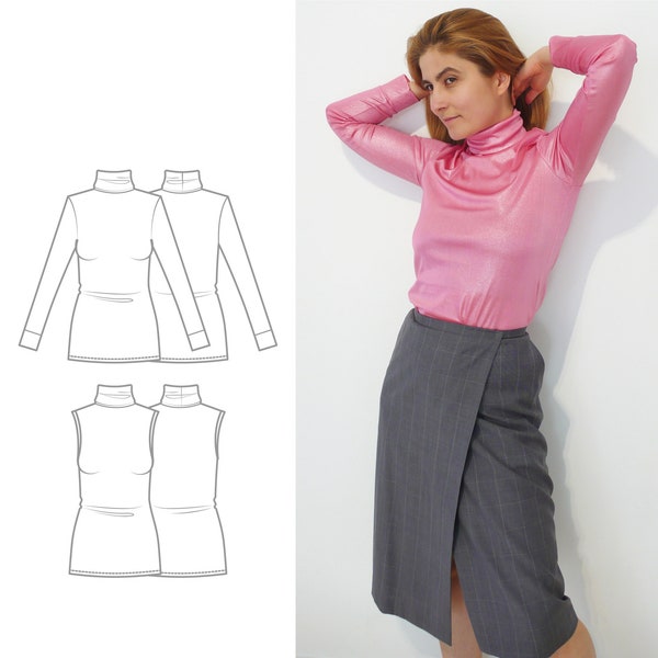 Women's Turtleneck Top PDF Sewing Pattern N.48 with tutorial, Sizes XS-XXL