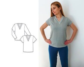 V-Neck T-shirt PDF Sewing Pattern for Women N.29, Sizes XS-5XL