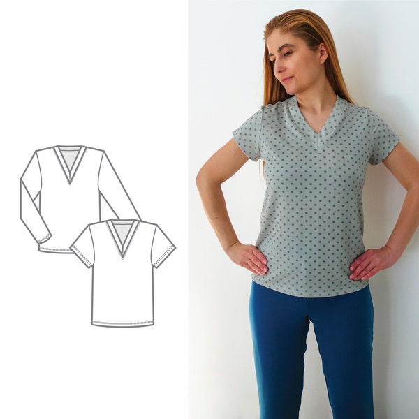 Patron de couture PDF T-shirt col V pour femme N.29, tailles XS-5XL