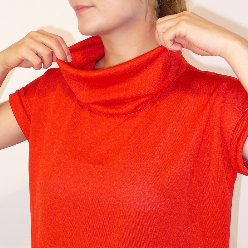 May include: A red short-sleeved turtleneck shirt with a mock neck.