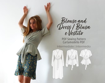 Wrap Blouse PDF Sewing Pattern | Peplum Hem and V-Neckline | includes seam allowances & sewing instructions