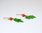 Dangle Green Leaves Cascade Earring with Orange Bead