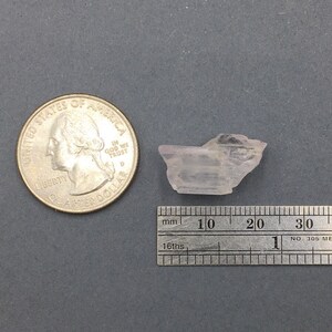 Puede incluir: Un cristal alargado transl&uacute;cido de color rosa p&aacute;lido con una forma ligeramente curvada. El cristal mide aproximadamente 2 cm de largo y est&aacute; sobre una regla con marcas en mil&iacute;metros.