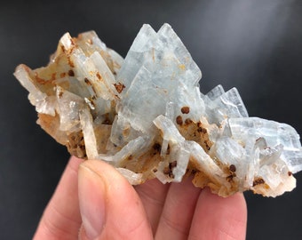 Blue Barite Light Steel Ice Blue Golden Iron Crystals on Matrix Mineral Specimen Miniature C Crystal Cluster Rocks and Minerals Spain