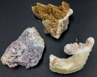 Santa Eulalia Mexico Set of 3 Rams Horn Selenite Smithsonite Dogtooth Calcite Party Pack Crystal Cluster Specimens Rocks and Minerals MINI35