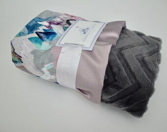 Call of the Mountains Gray Minky Blanket Baby Shower Pink Dawn Satin Aqua Lavender Nursery Peaks and Valleys Plum Crib Bedding
