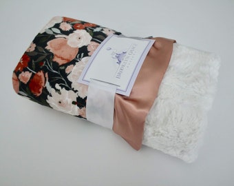 ADULT MINKY BLANKET Corporate Gift Travel Toffee Cheetah Minky with Blossom Hide Minky Back and Champagne Satin Trim
