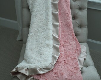 ADULT MINKY BLANKET Corporate Gift Travel Toffee Cheetah Minky with Blossom Hide Minky Back and Champagne Satin Trim