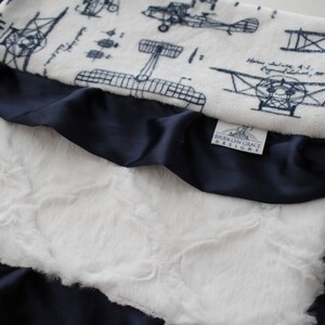 Aviator Blueprint Airplanes LOVIE in Navy and White with White Lattice Minky Finished with Navy Satin Trim Baby Boy, Crib Bedding image 2